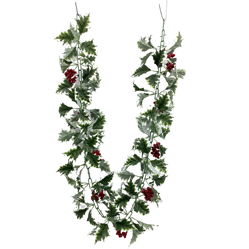 Christmas Wreath Holly Leaves and Red Berries Winter Wreath, 5.5ft Artificial Green Garland Holiday Decoration Holly Leaves Wreath for Christmas Mantel Tabletop Decoration